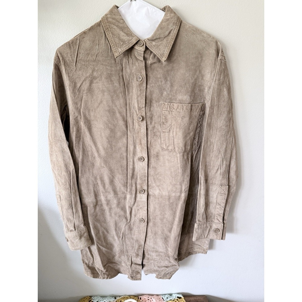Preston & York Vintage Leather Suede Button Down Shirt Tan Brown‎ Medium Y2K